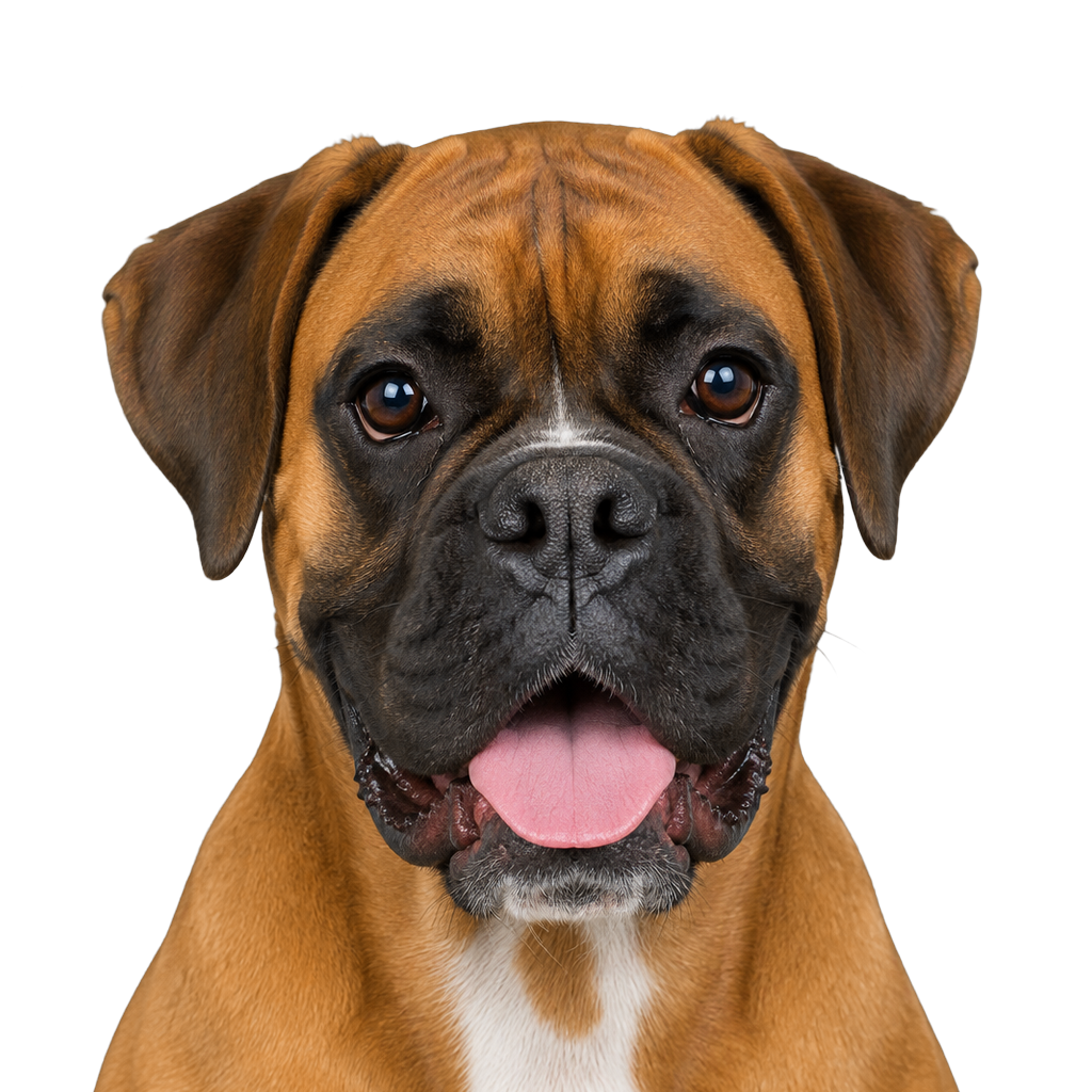 A fawn Boxer with a black mask looking at the camera, cut out on a transparent background.
