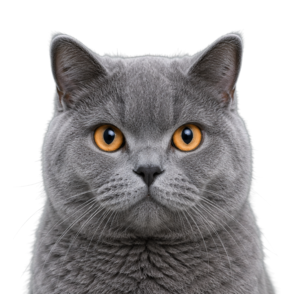 A blue British Shorthair cat looking at the camera, cut out on a transparent background.