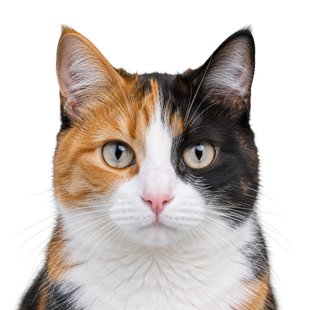 A calico cat with orange, black and white patches looking at the camera, cut out on a transparent background.