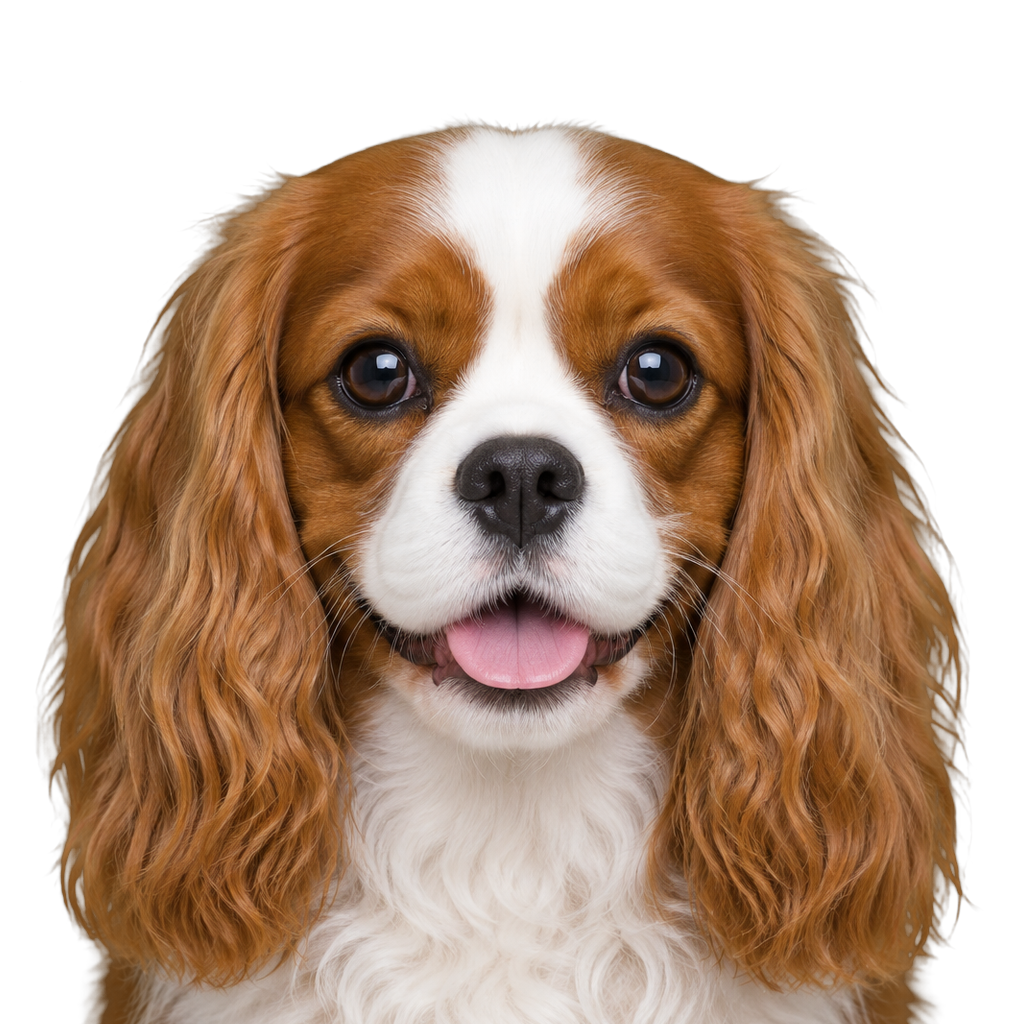 A Blenheim Cavalier King Charles Spaniel looking at the camera, cut out on a transparent background.