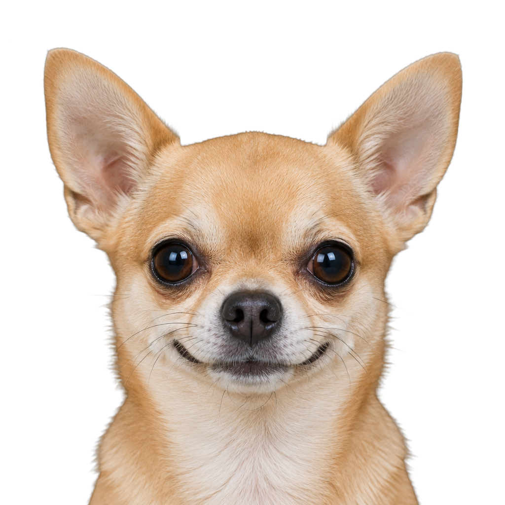 A fawn short-haired Chihuahua looking at the camera, cut out on a transparent background.