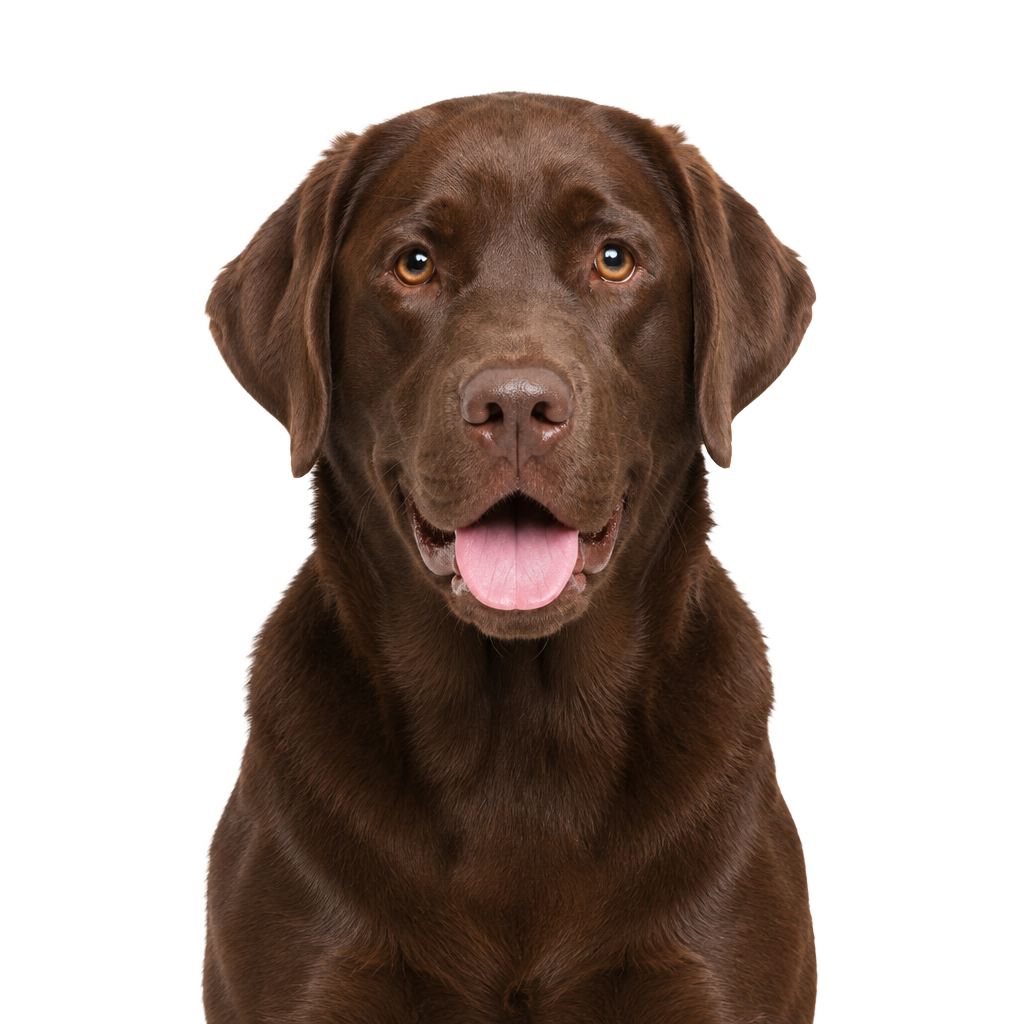 A chocolate Labrador looking at the camera, cut out on a transparent background.
