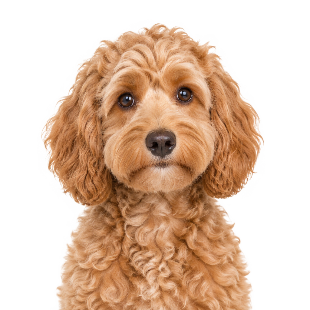 An apricot Cockapoo looking at the camera, cut out on a transparent background.