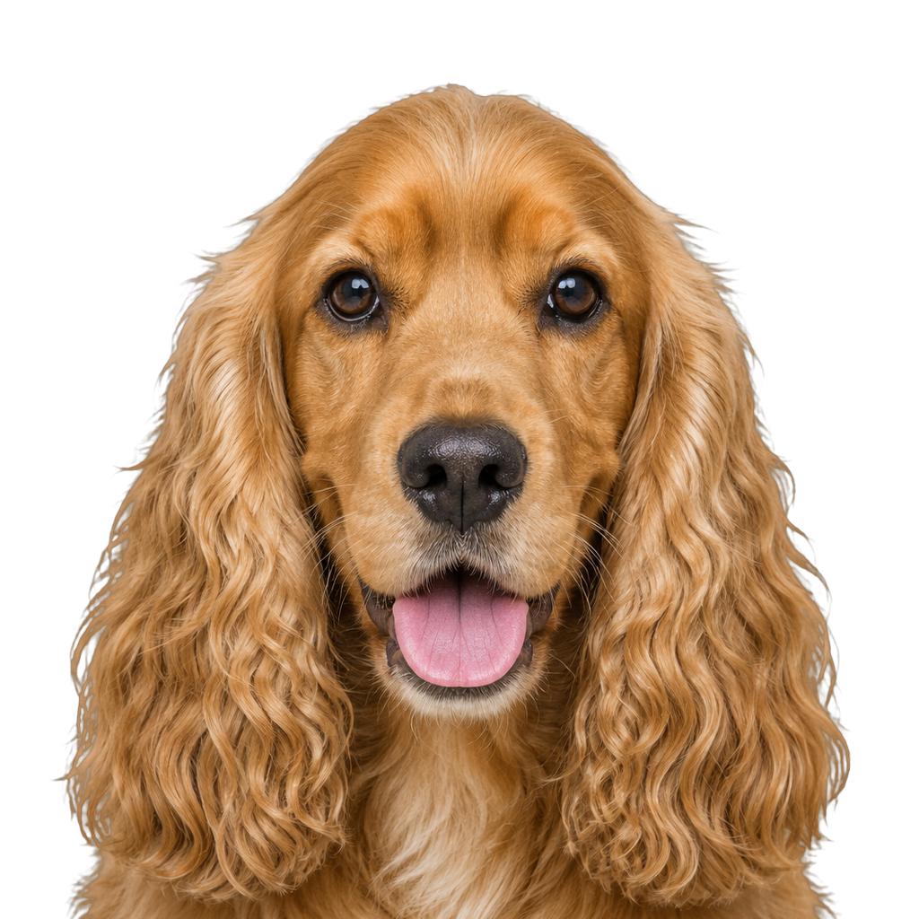 A golden Cocker Spaniel looking at the camera, cut out on a transparent background.
