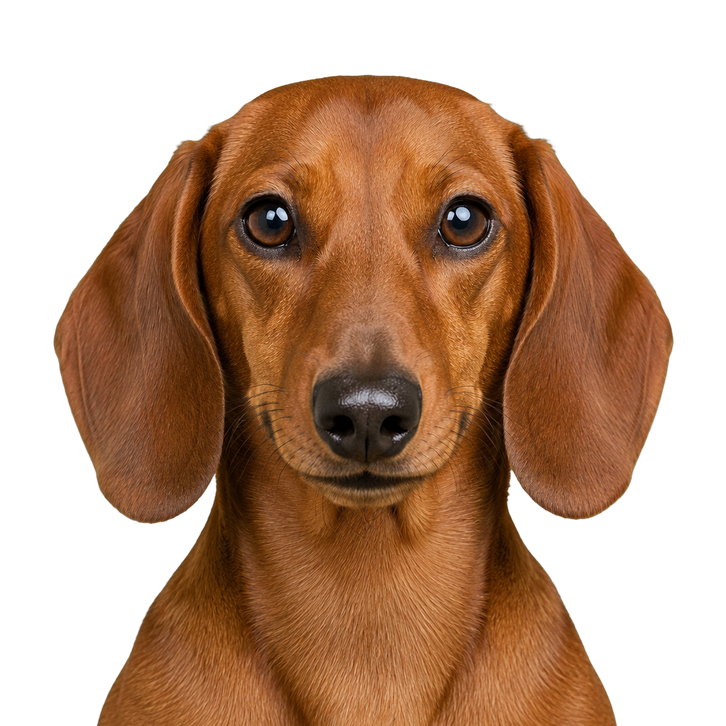 A smooth-haired red Dachshund looking at the camera, cut out on a transparent background.