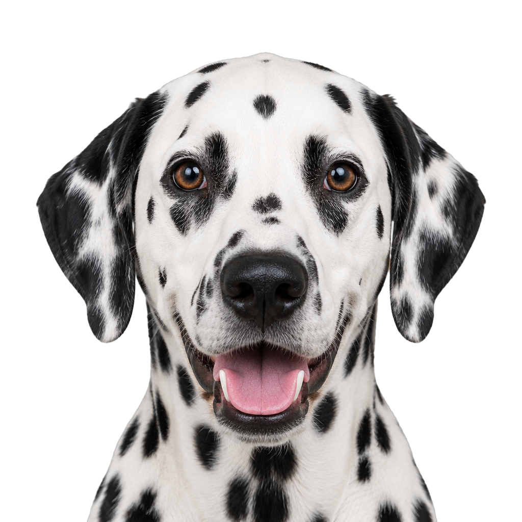 A Dalmatian looking at the camera, cut out on a transparent background.