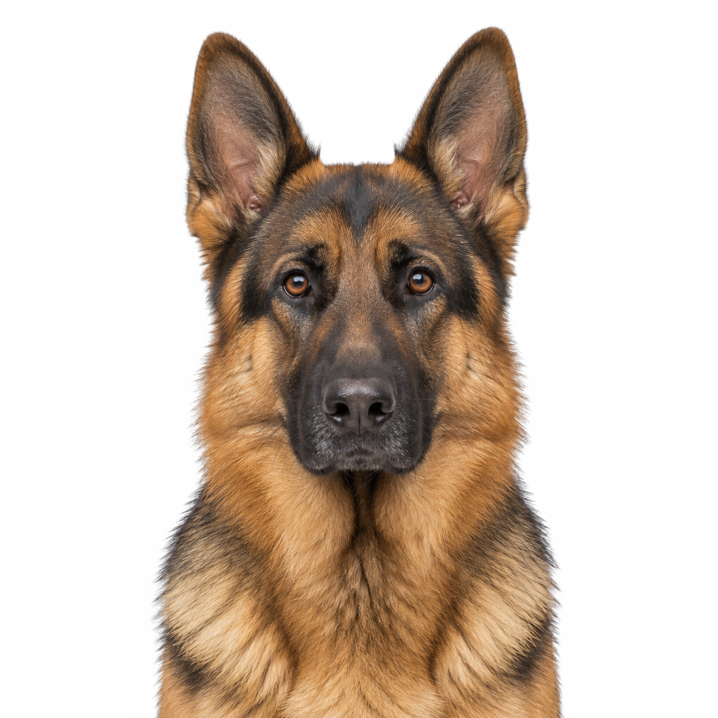 A German Shepherd looking at the camera, cut out on a transparent background.