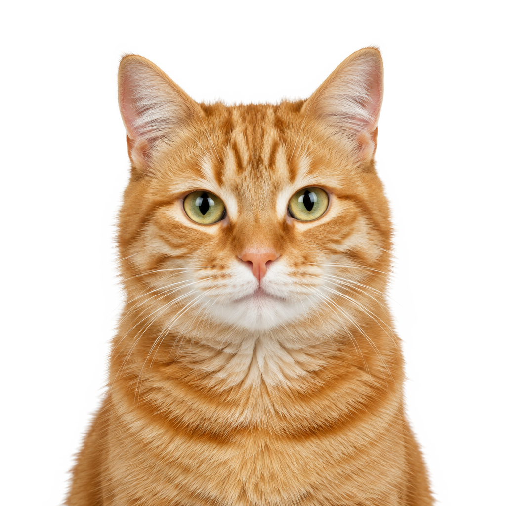 A ginger tabby cat looking at the camera, cut out on a transparent background.