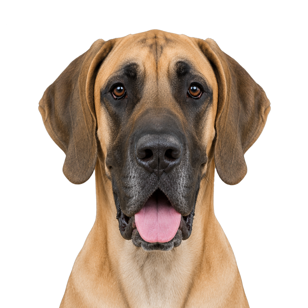 A fawn Great Dane looking at the camera, cut out on a transparent background.