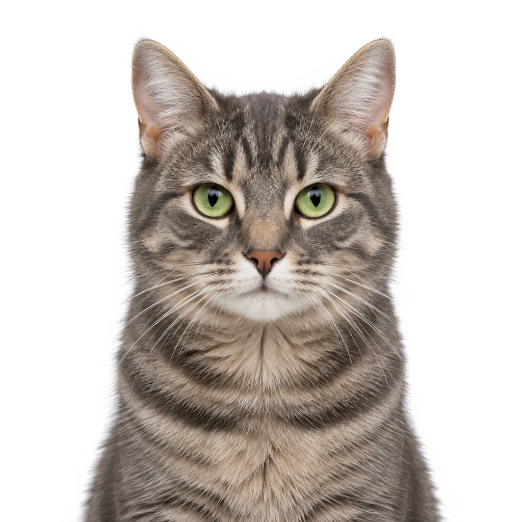 A grey tabby cat looking at the camera, cut out on a transparent background.