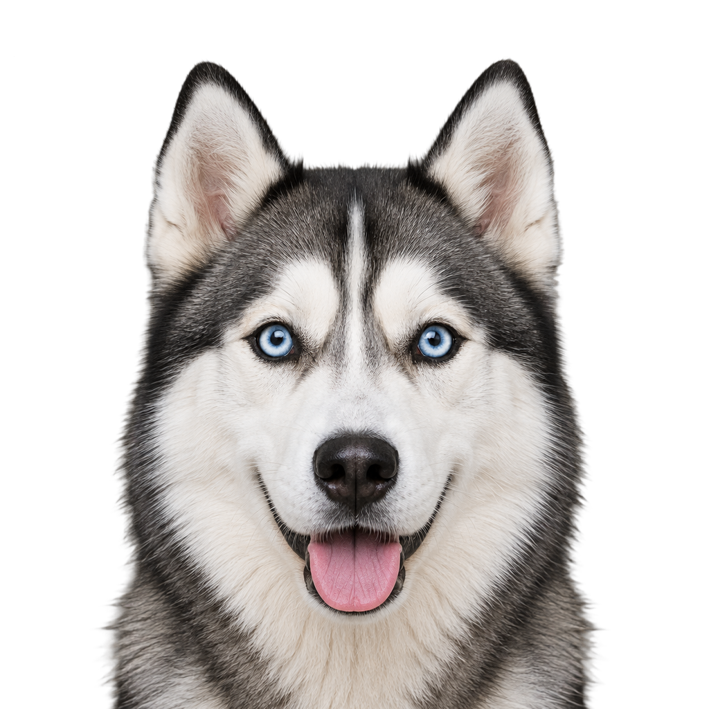 A Siberian Husky with blue eyes looking at the camera, cut out on a transparent background.