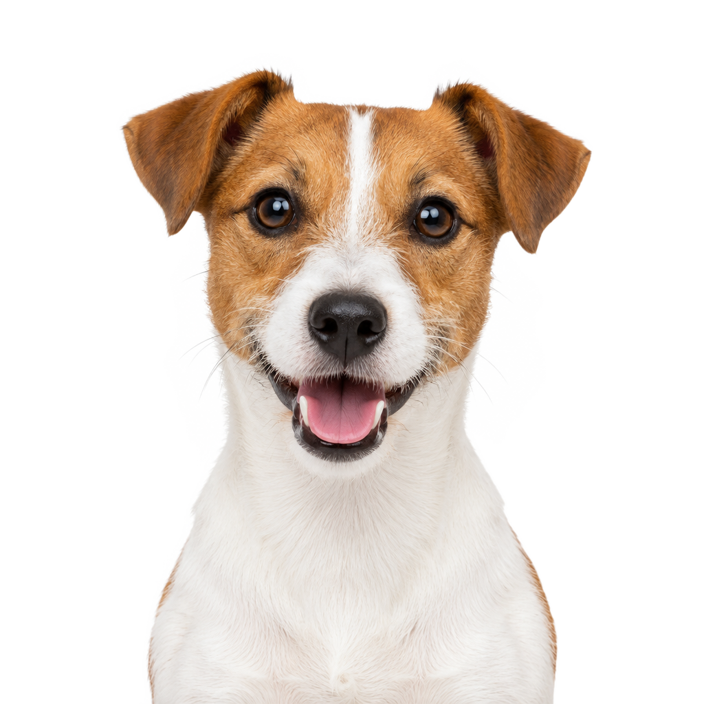 A Jack Russell Terrier looking at the camera, cut out on a transparent background.