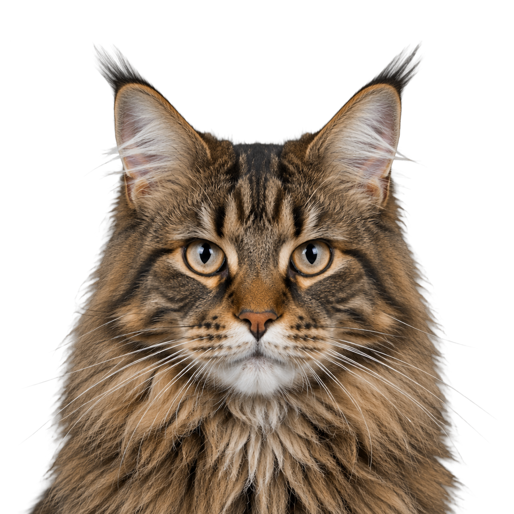 A brown tabby Maine Coon cat with ear tufts looking at the camera, cut out on a transparent background.