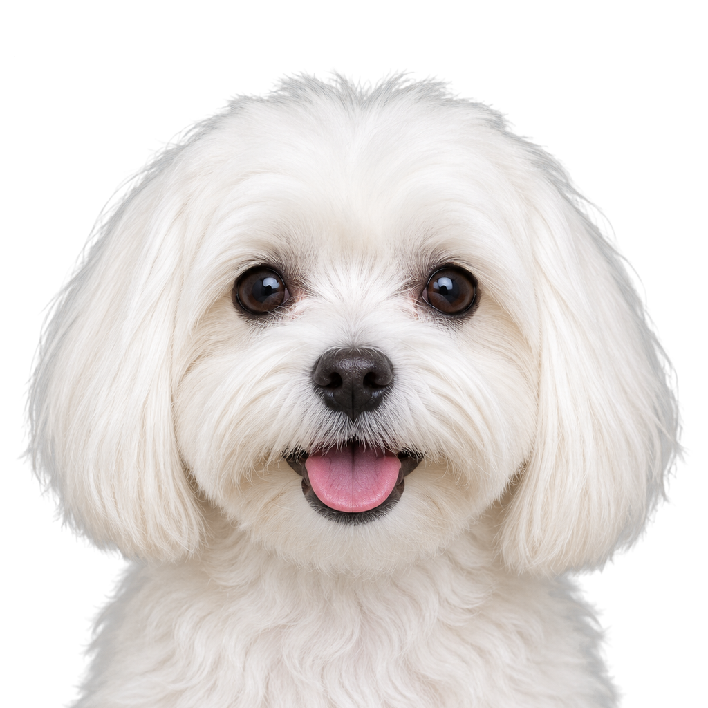 A white Maltese looking at the camera, cut out on a transparent background.