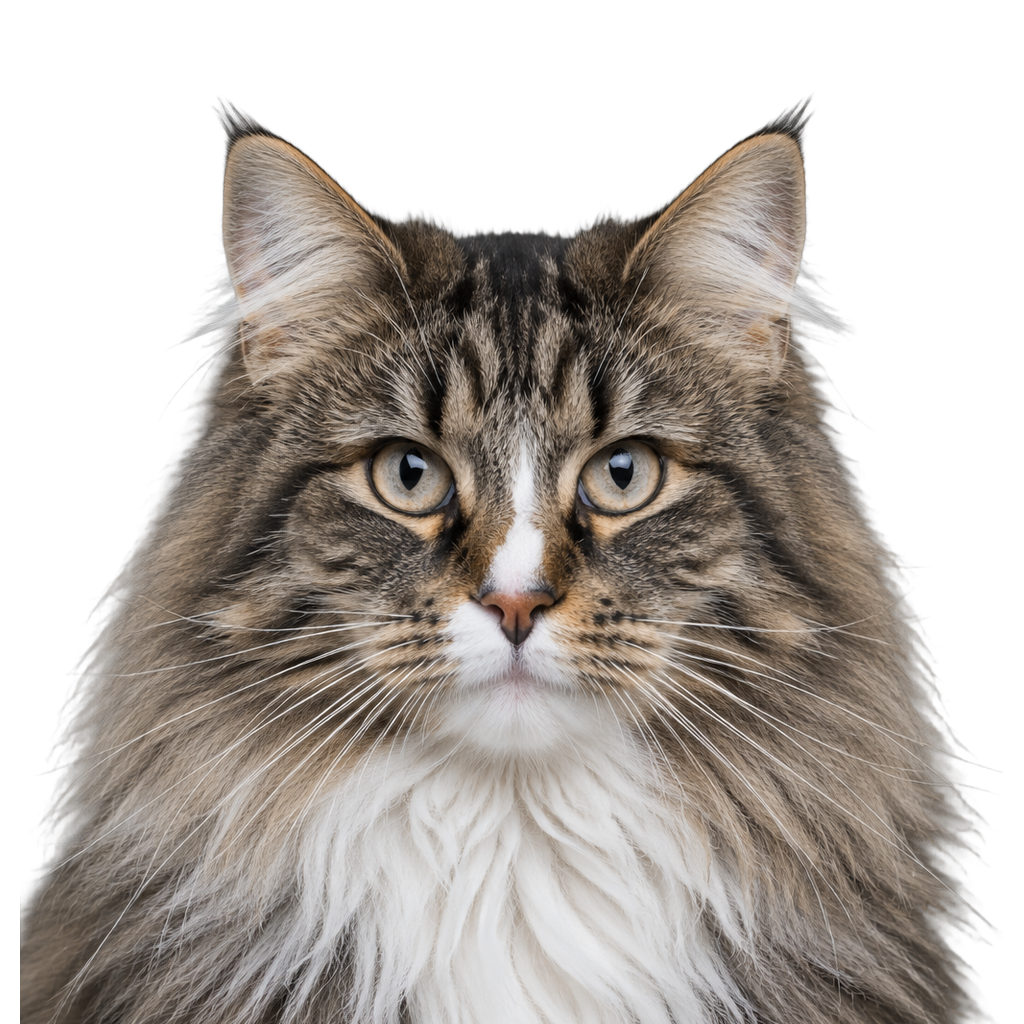 A long-haired Norwegian Forest cat looking at the camera, cut out on a transparent background.
