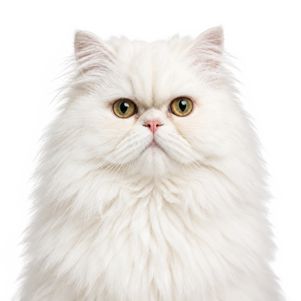 A white long-haired Persian cat looking at the camera, cut out on a transparent background.
