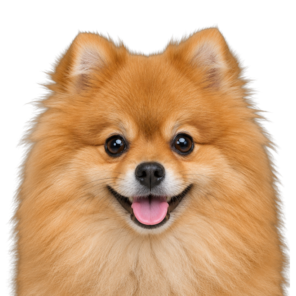 An orange Pomeranian looking at the camera, cut out on a transparent background.