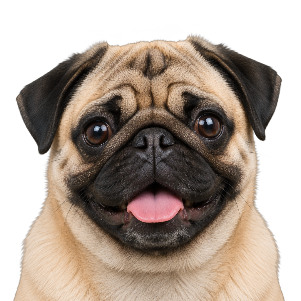 A fawn Pug with a black mask looking at the camera, cut out on a transparent background.