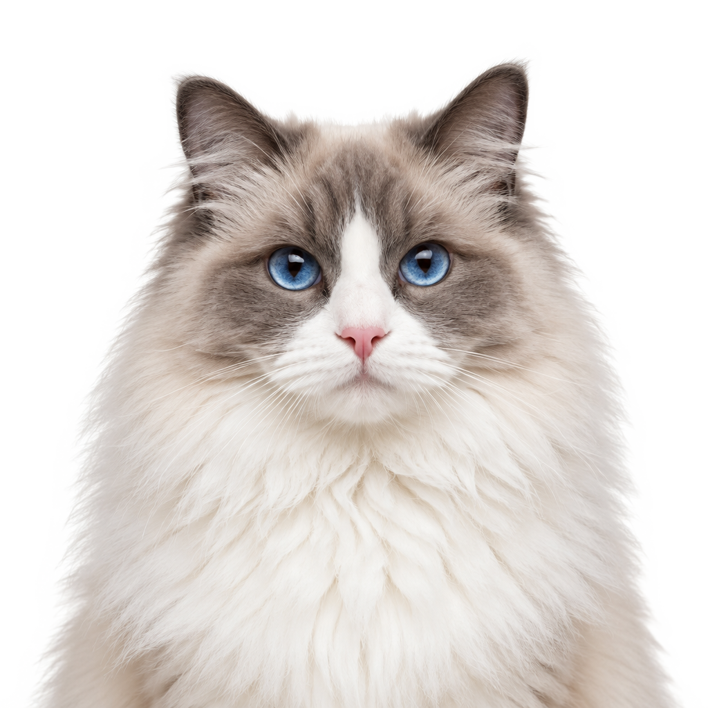 A Ragdoll cat with blue eyes looking at the camera, cut out on a transparent background.
