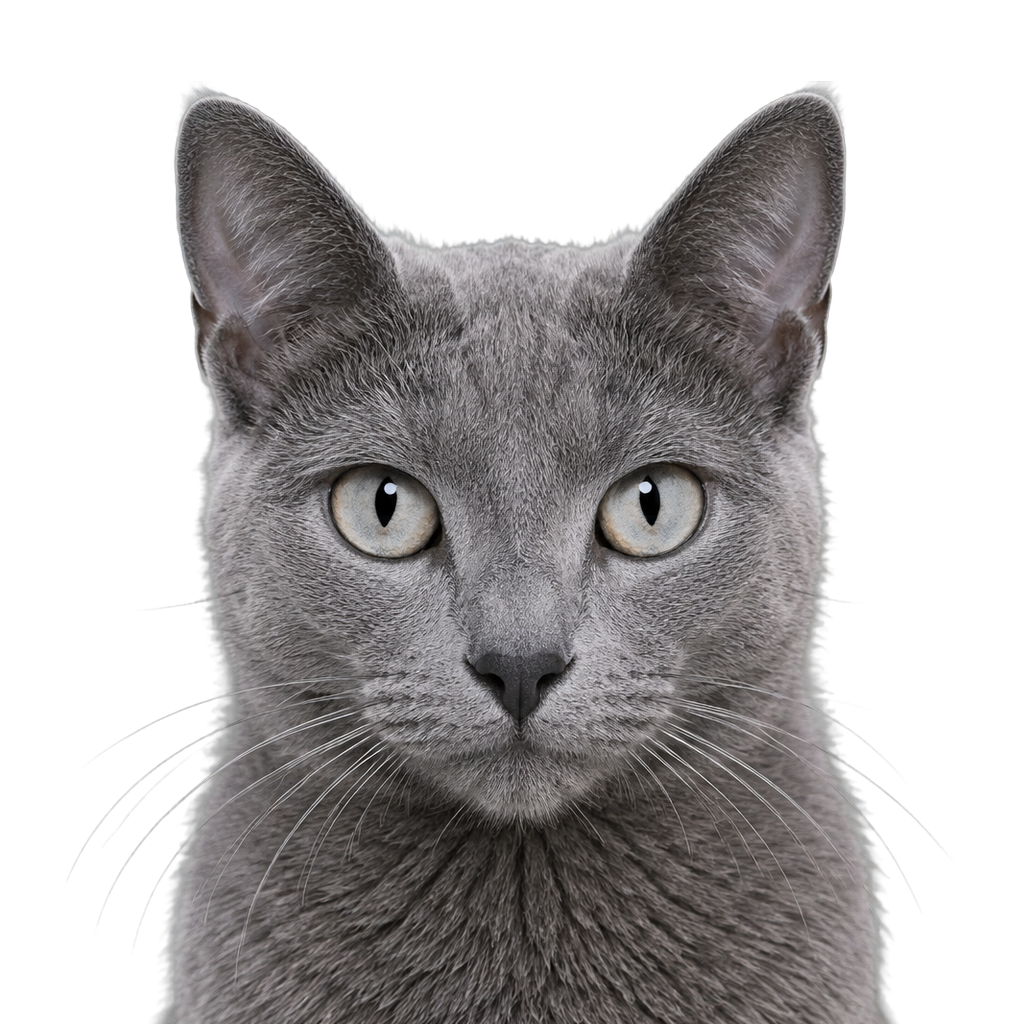 A Russian Blue cat with green eyes looking at the camera, cut out on a transparent background.