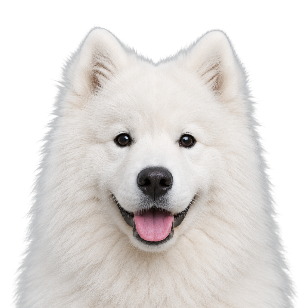 A white Samoyed looking at the camera, cut out on a transparent background.