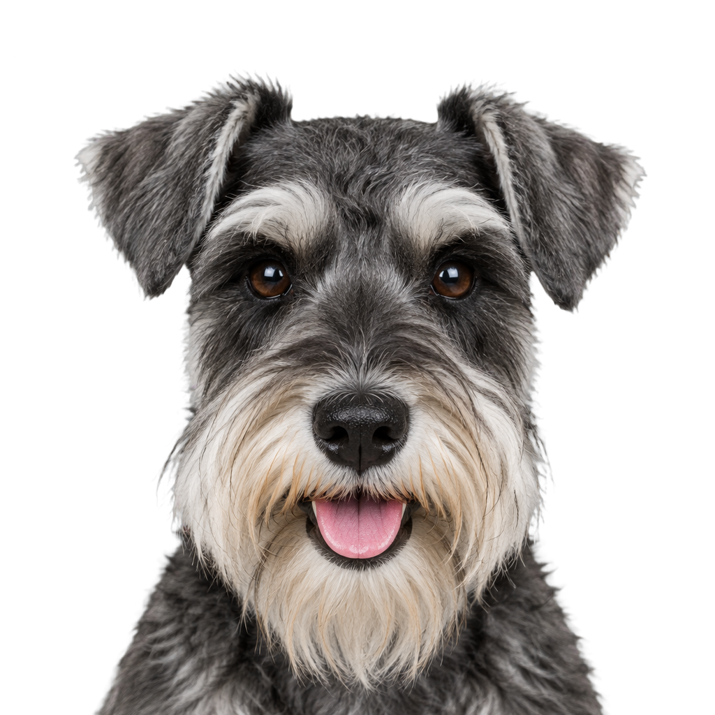 A salt-and-pepper Miniature Schnauzer looking at the camera, cut out on a transparent background.