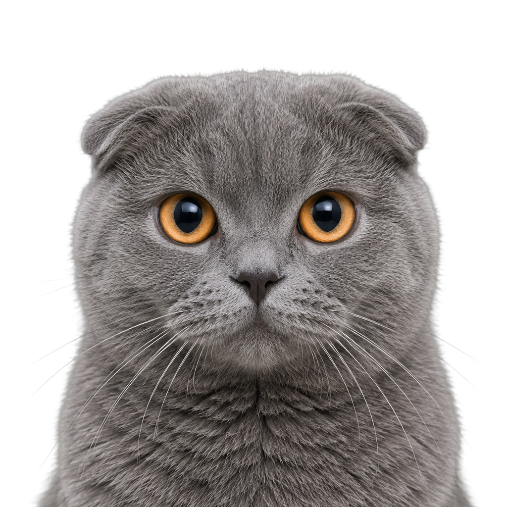 A grey Scottish Fold cat with folded ears looking at the camera, cut out on a transparent background.