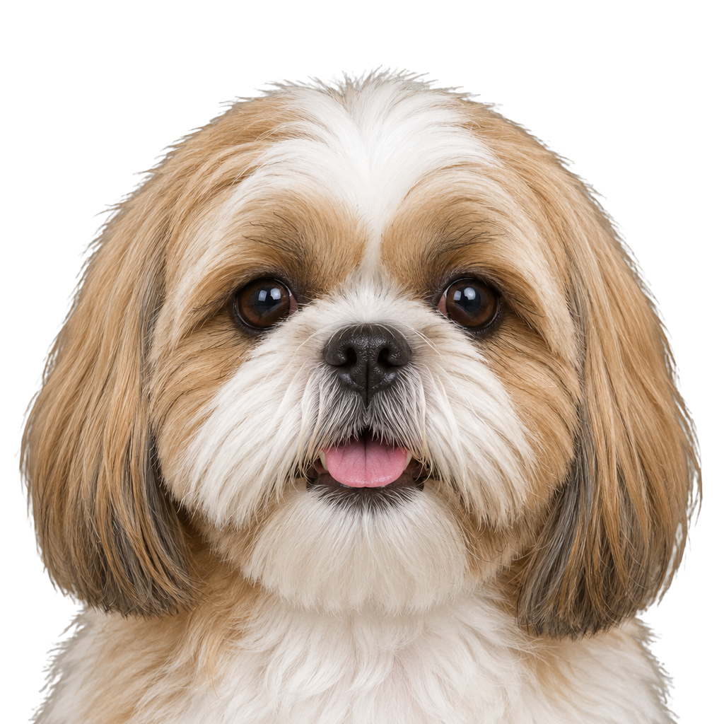 A gold and white Shih Tzu looking at the camera, cut out on a transparent background.
