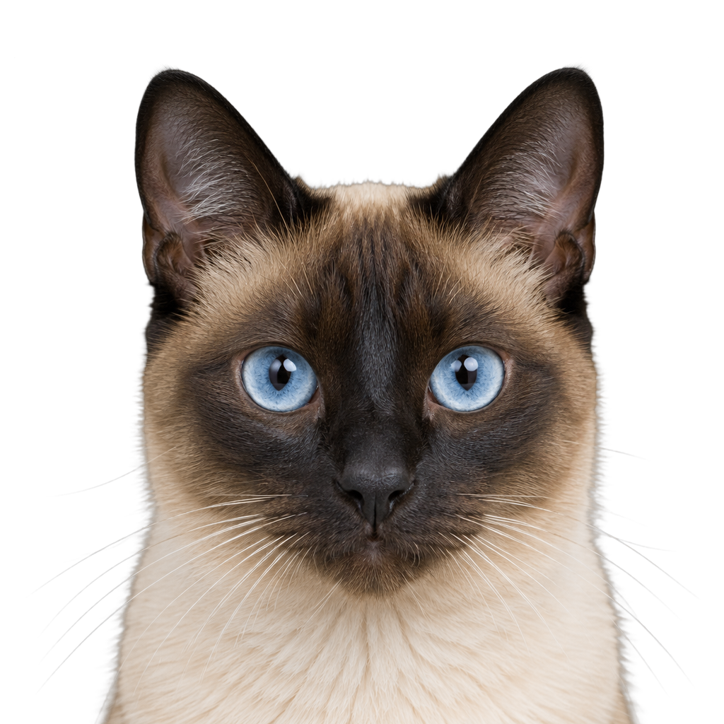 A seal-point Siamese cat with blue eyes looking at the camera, cut out on a transparent background.