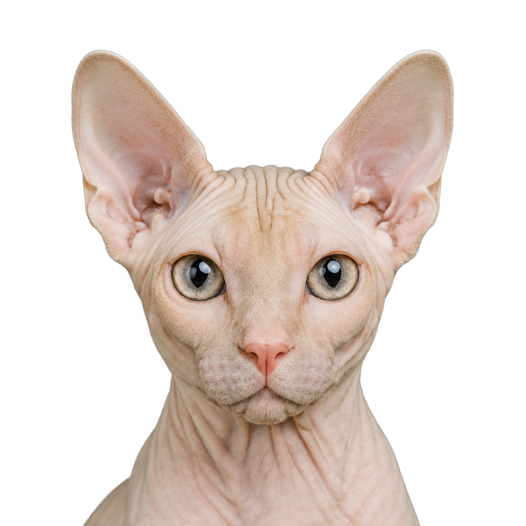 A hairless cream Sphynx cat looking at the camera, cut out on a transparent background.