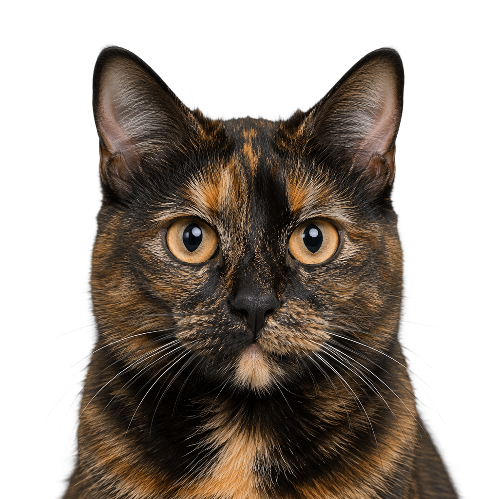 A tortoiseshell cat looking at the camera, cut out on a transparent background.
