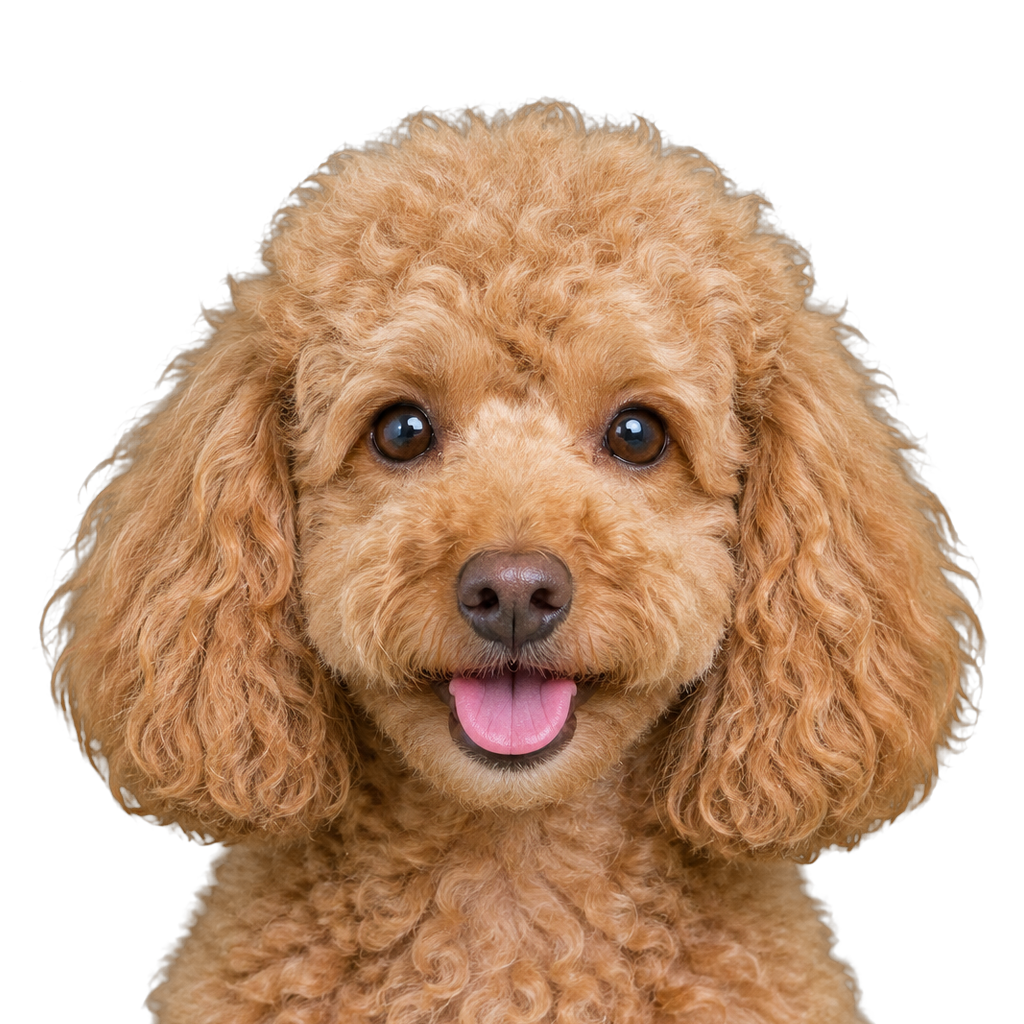 An apricot Toy Poodle looking at the camera, cut out on a transparent background.