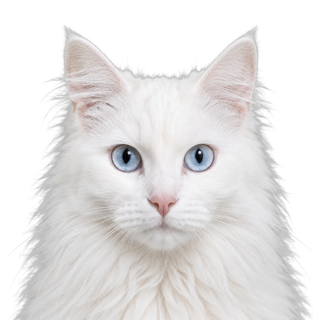 A white Turkish Angora cat looking at the camera, cut out on a transparent background.