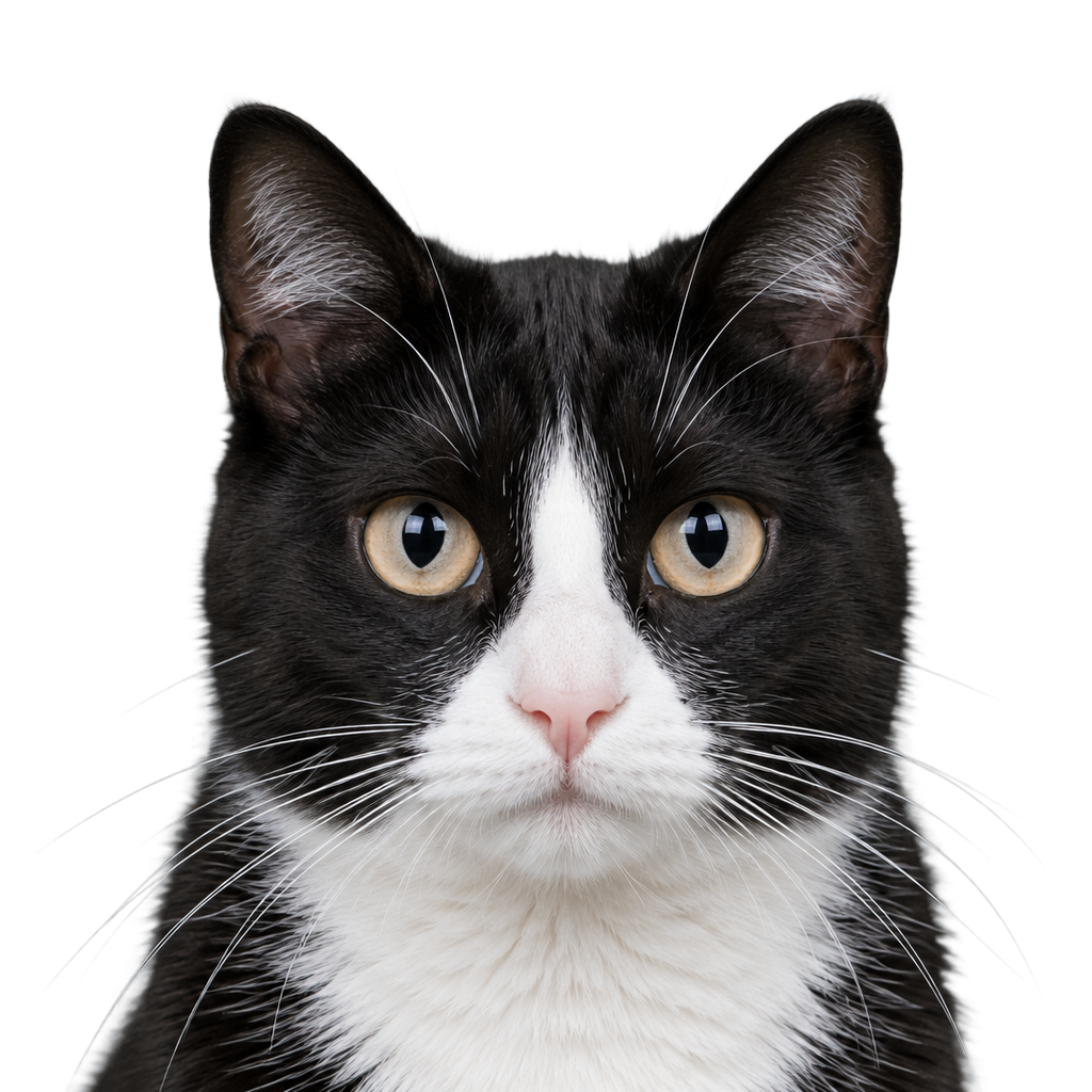 A black and white tuxedo cat looking at the camera, cut out on a transparent background.