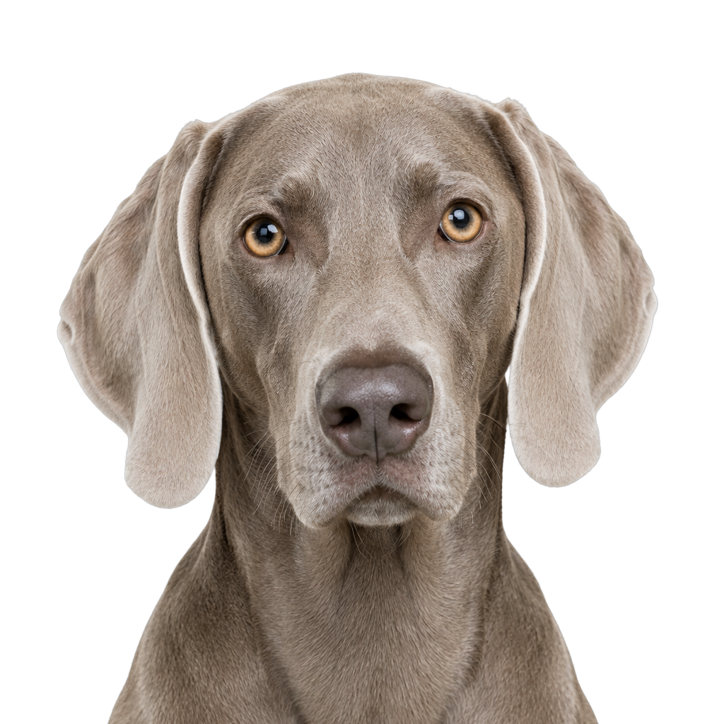 A Weimaraner looking at the camera, cut out on a transparent background.