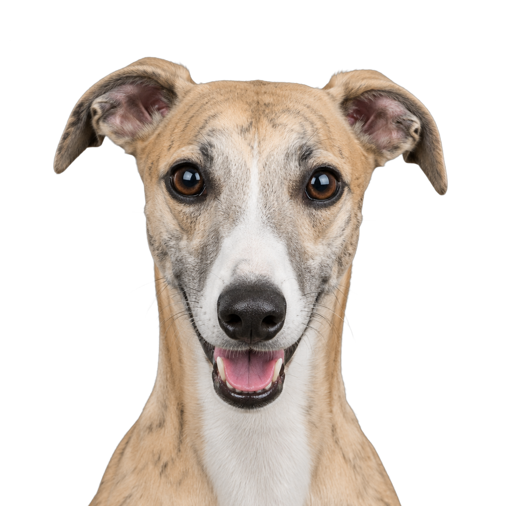 A fawn Whippet looking at the camera, cut out on a transparent background.