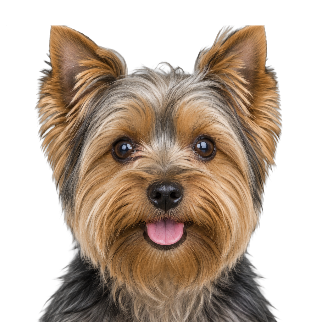 A Yorkshire Terrier looking at the camera, cut out on a transparent background.