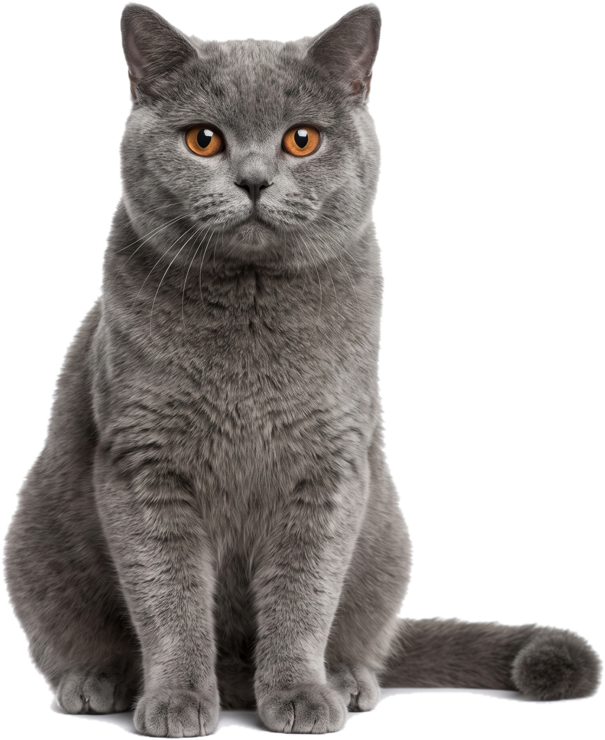 British Shorthair cat with a blue-grey coat sitting, cut out on a transparent background
