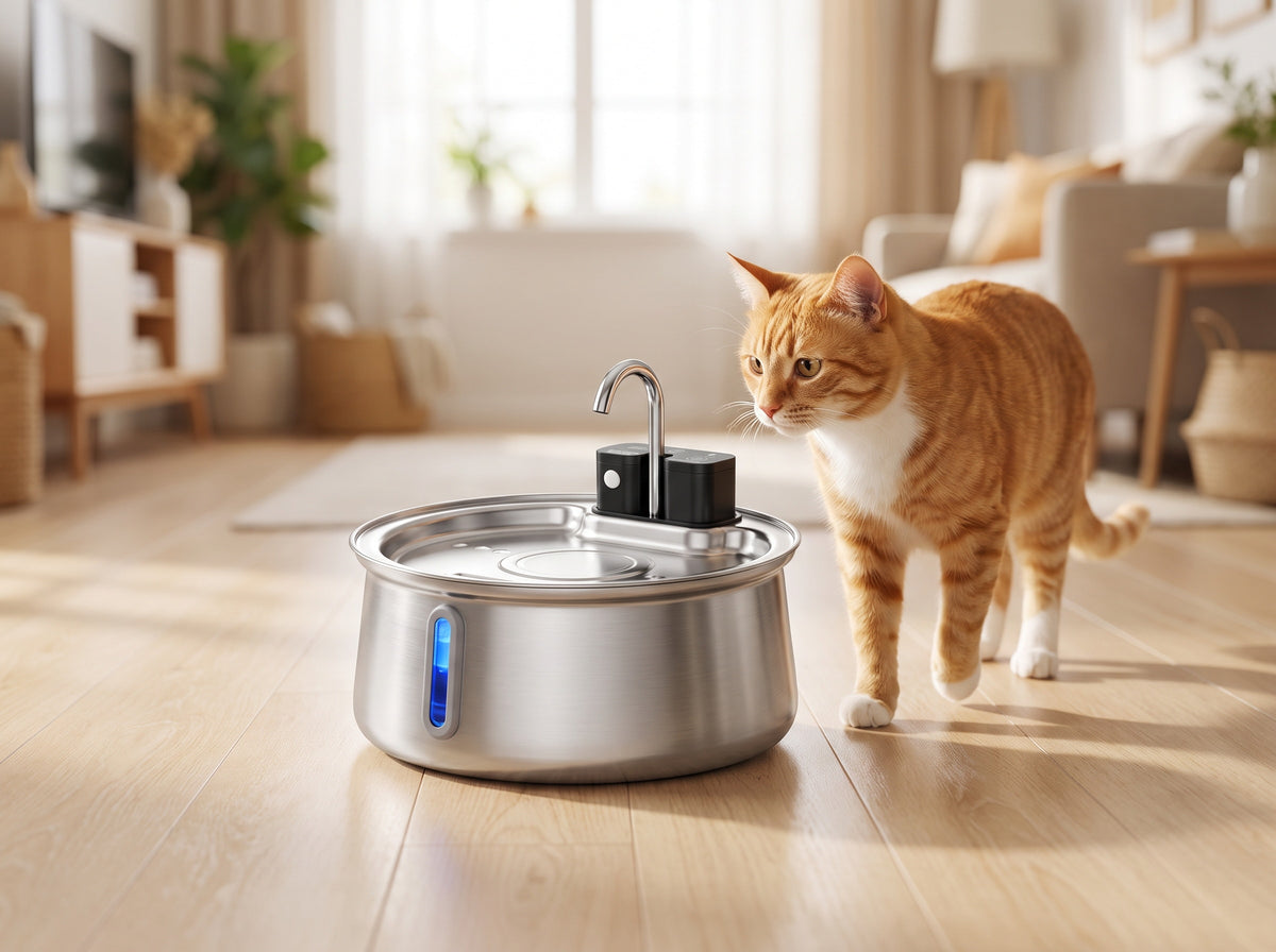 The stainless steel pet water fountain standing alone in the middle of a living room floor with no cable and no power socket nearby, as a ginger tabby cat walks towards it