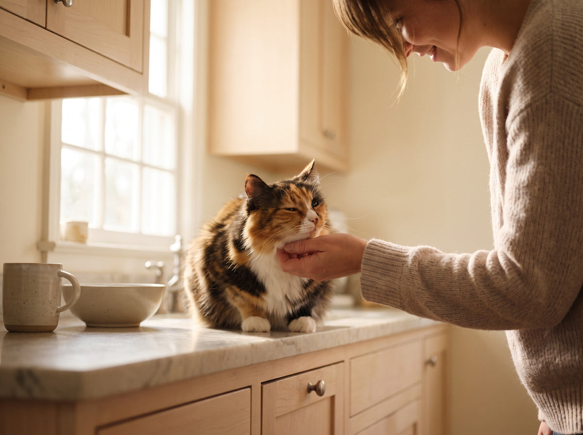A woman at a sunlit kitchen counter stroking a calico cat that leans into her hand