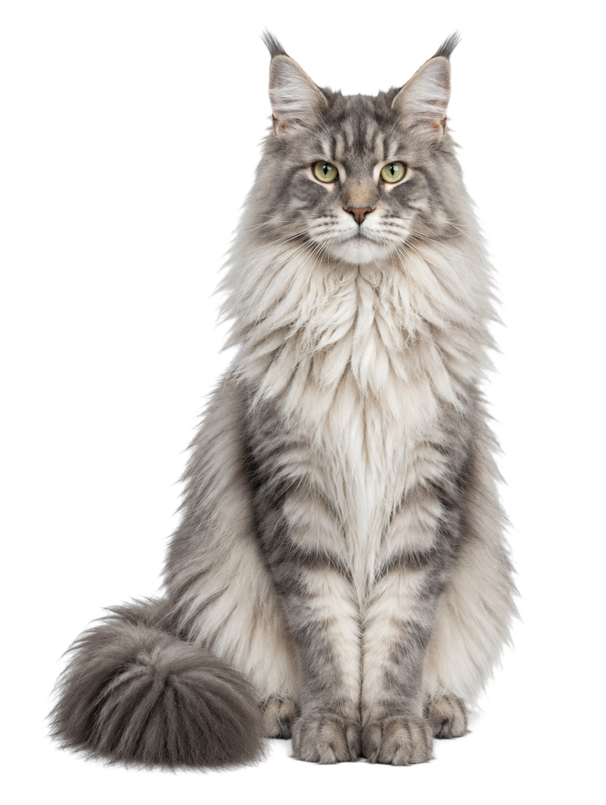 Long-haired Maine Coon cat sitting upright, cut out on a transparent background