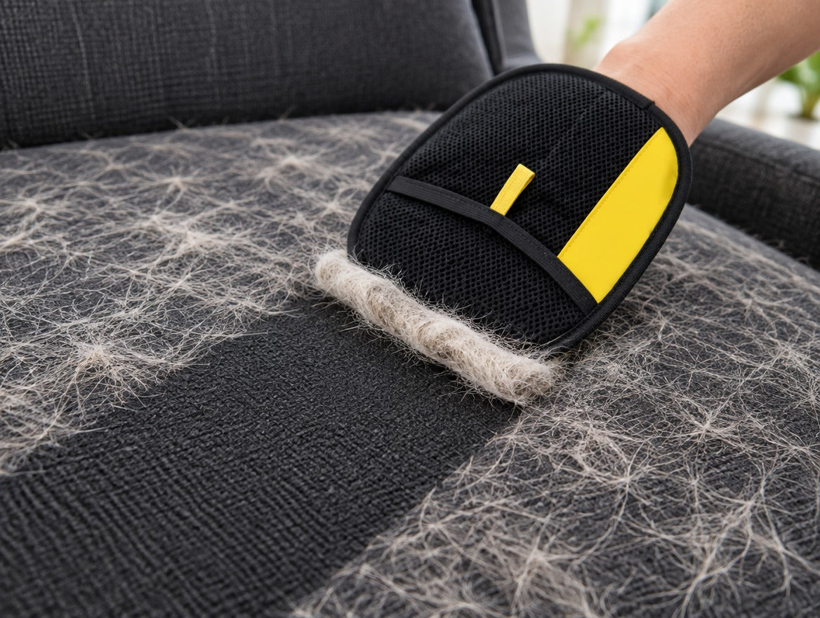 The mitt sweeping a clean band across a fur-covered armchair, with the collected hair rolled into a strip