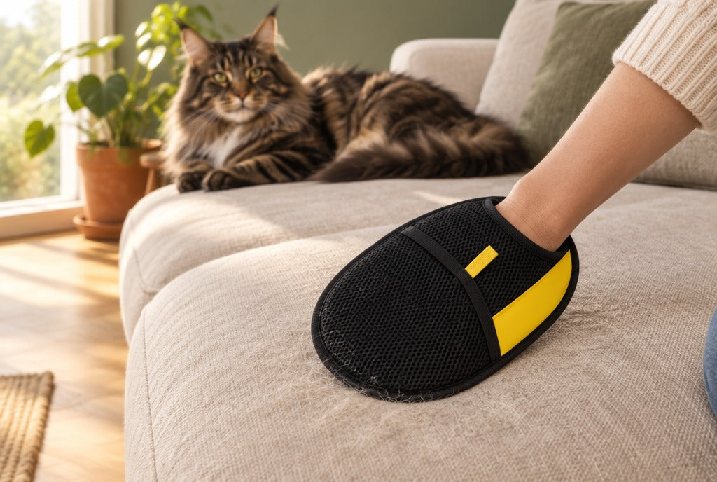 A hand wearing the black mesh pet hair remover mitt wiping a sofa cushion, with a Maine Coon cat resting nearby