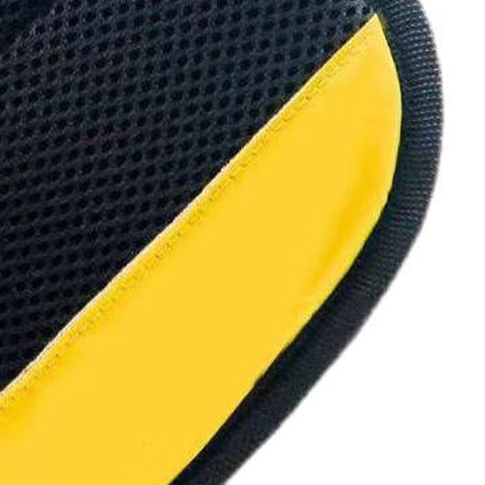 Close-up of the smooth yellow side panel stitched into the mitt's bound edge