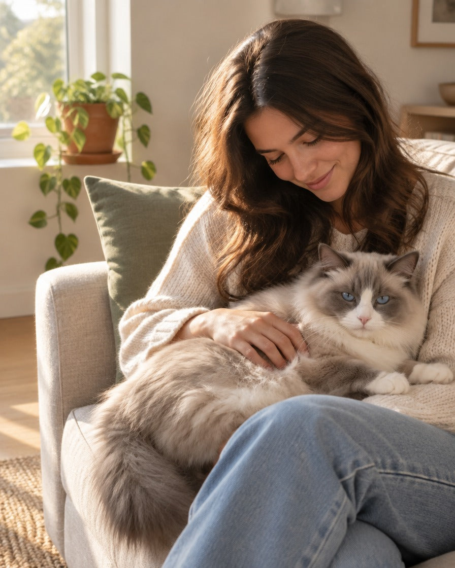 A woman sitting on a sofa with a long-haired Ragdoll cat settled across her lap