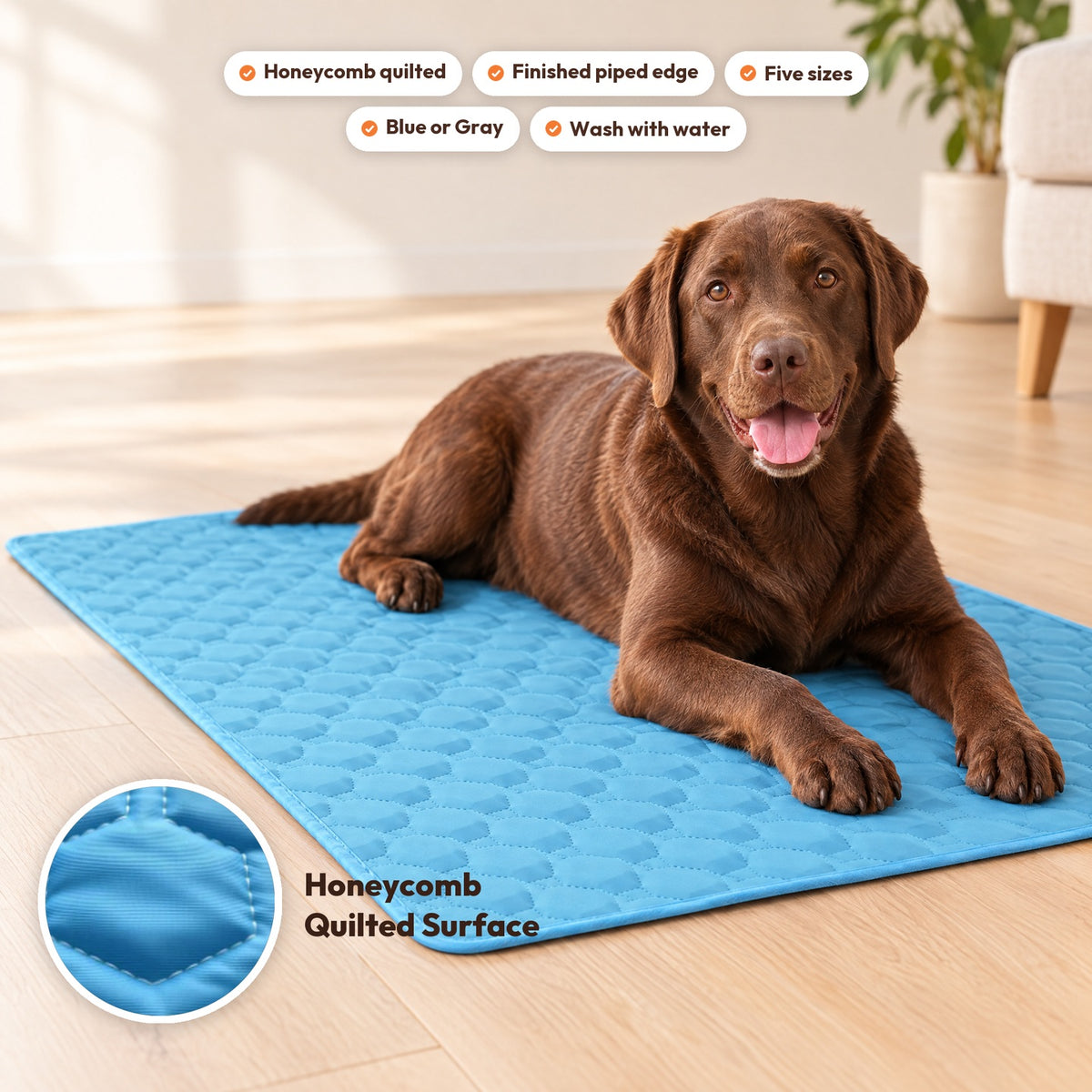 Chocolate Labrador resting on the blue PerriPaws honeycomb-quilted cooling mat