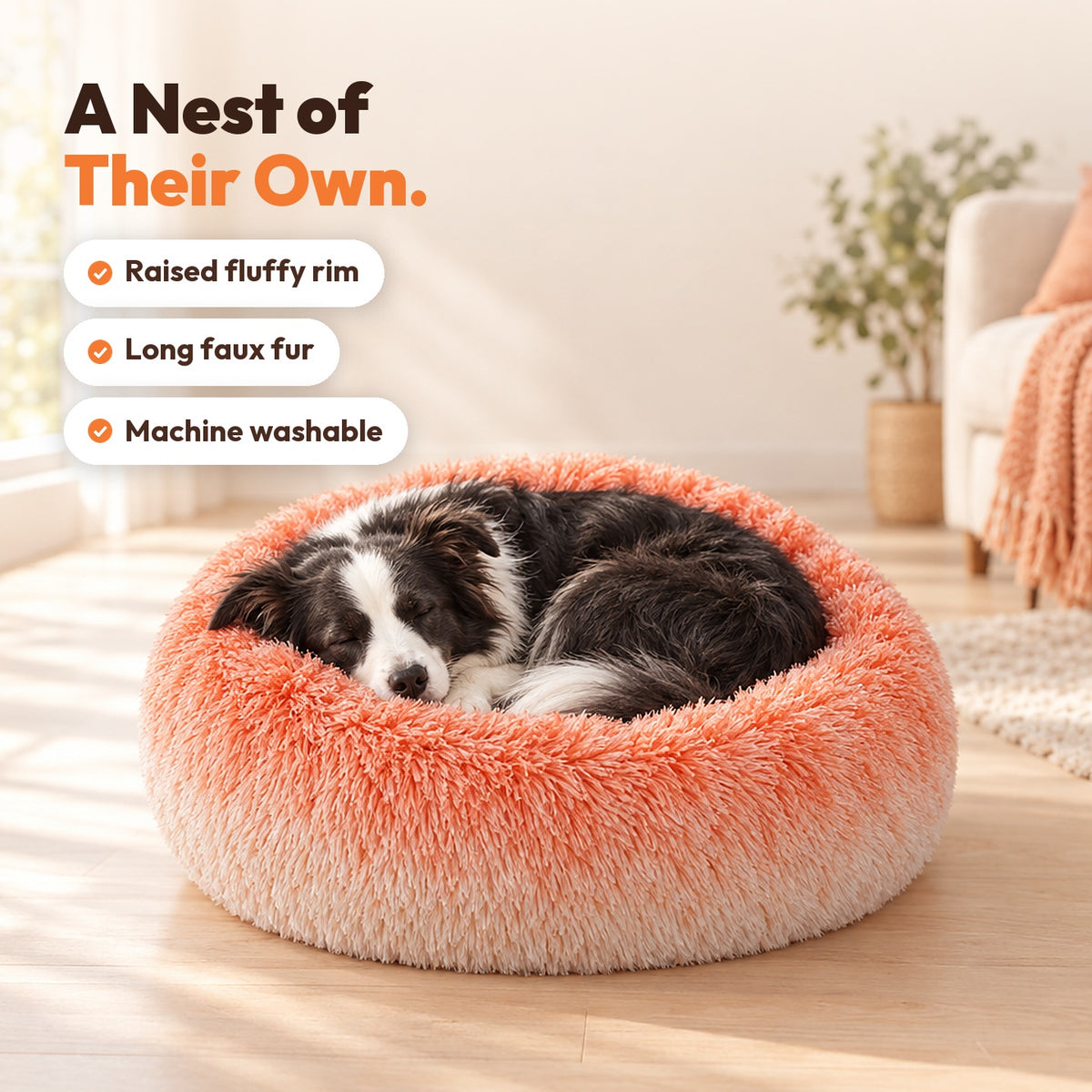 Border Collie curled up asleep in the orange gradient donut plush pet bed