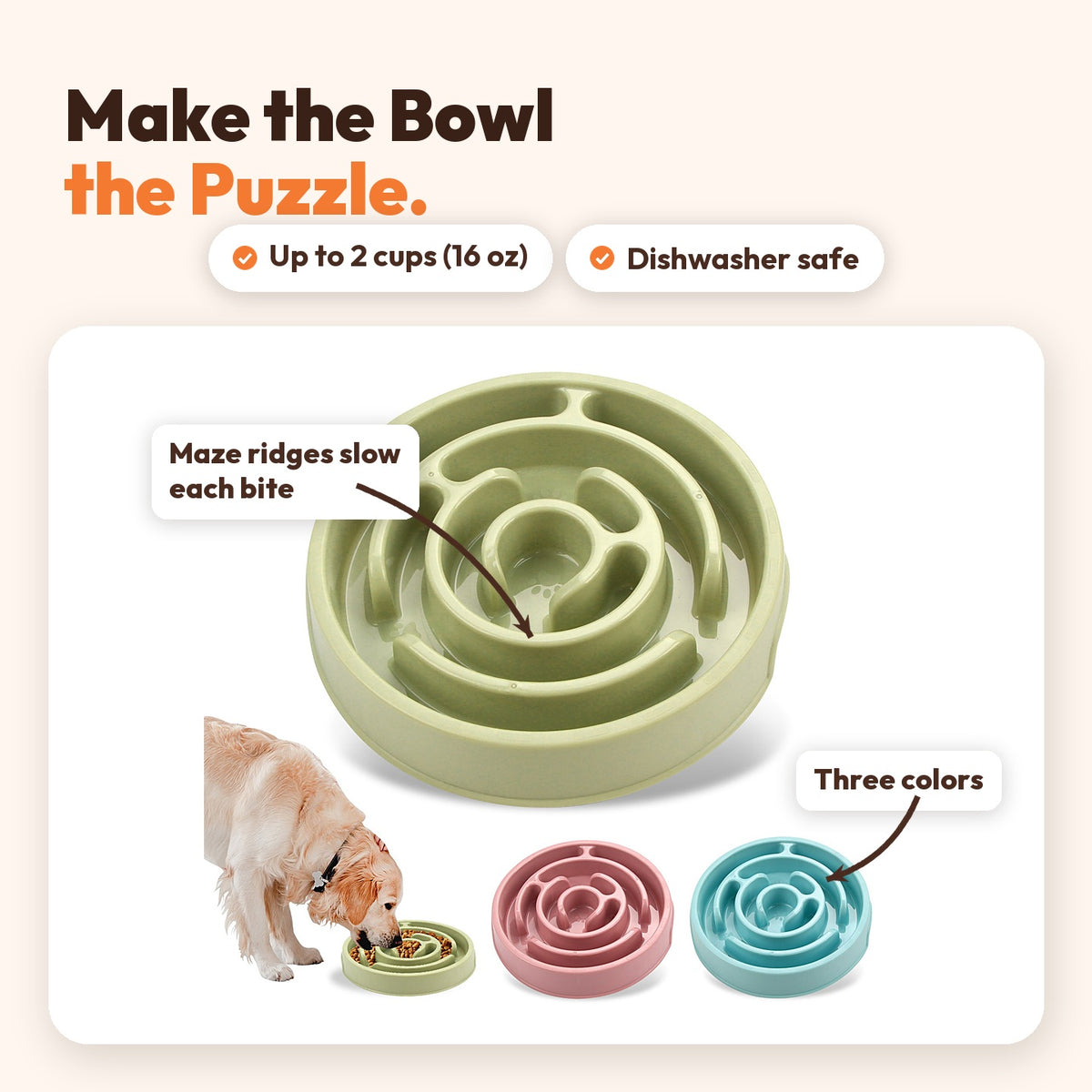 Green maze slow feeder bowl with pink and blue versions and a small dog eating