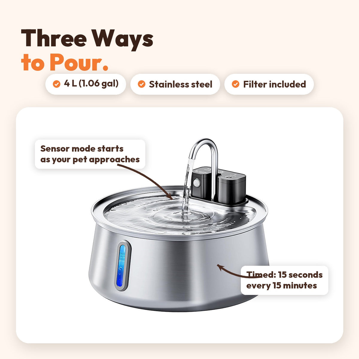 Stainless steel 4L pet water fountain with the faucet spout running