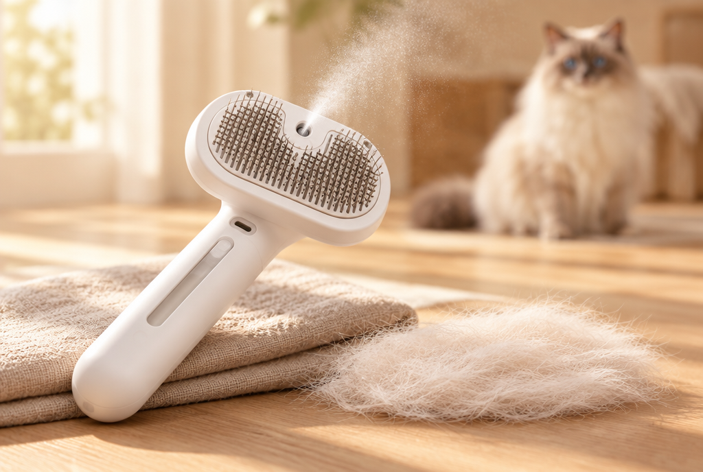 A white PerriPaws 3-in-1 spray grooming brush rests on linen with a fine mist above it and a mat of lifted undercoat beside it, a long-haired cat behind.